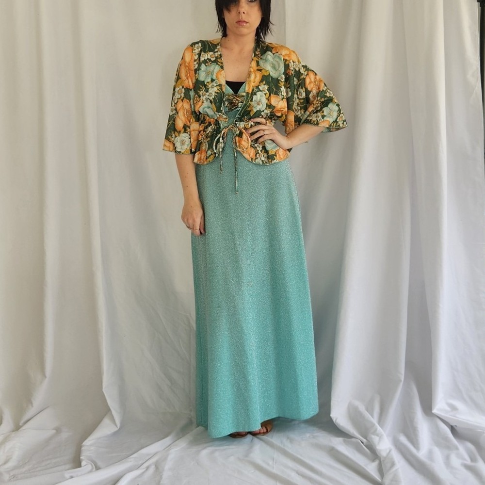 70s Teal Sparkly Dress with Floral Jacket‎